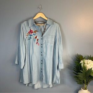 Soft Surroundings Aveline Floral Beaded Blue Chambray Top